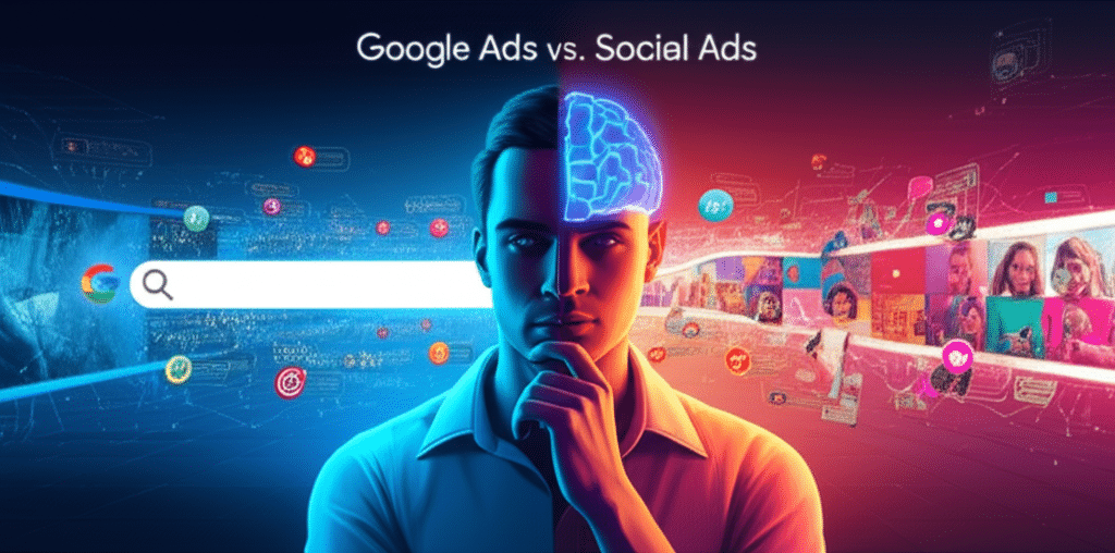 Logotipos do Google Ads e de redes sociais como Instagram e Facebook em uma balança