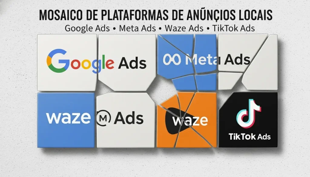 Mosaico com os logos das principais plataformas de anúncios locais Google Ads, Meta Ads, Waze Ads e TikTok Ads.