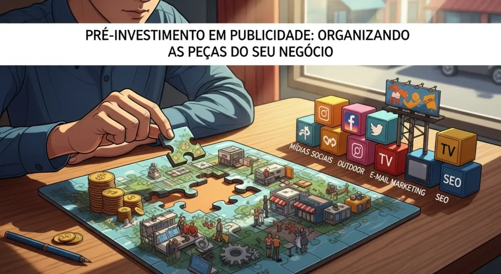 Uma pessoa organizando peças de um quebra-cabeça, simbolizando a preparação e organização do negócio antes de investir em anúncios.